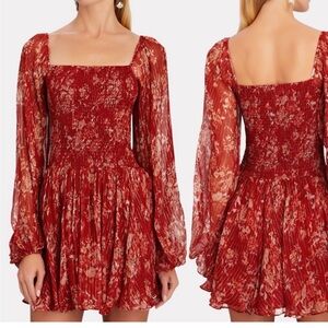 Caroline Constas - Rust Red Floral Print Silk Chiffon Mini Dress